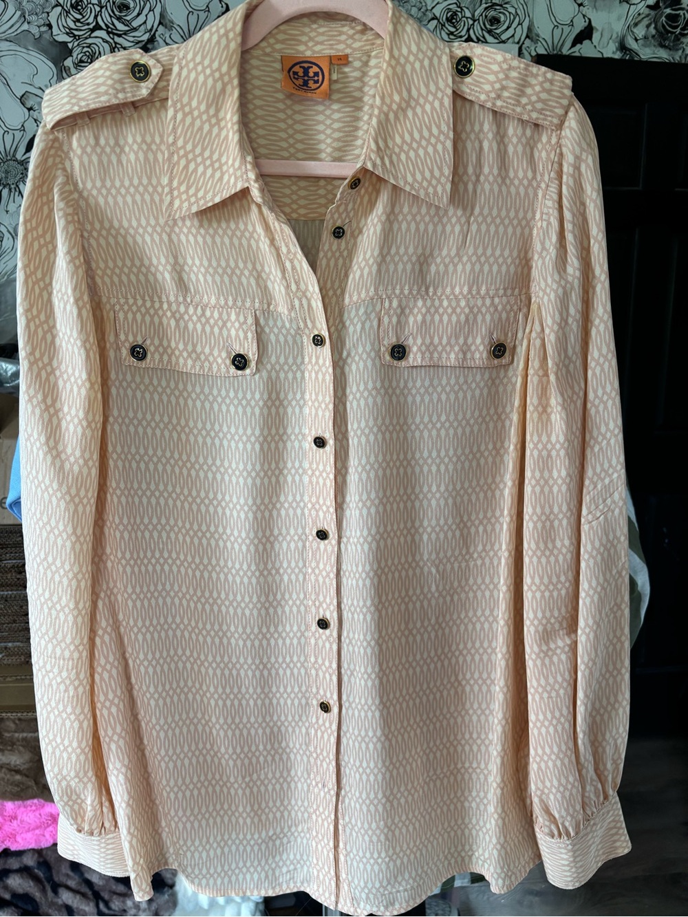 Tory Burch Silk Peach-Print Button Front Blouse